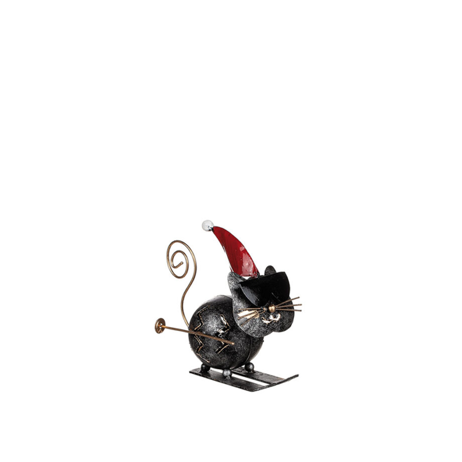 Katt på skidor i hamrad plåt